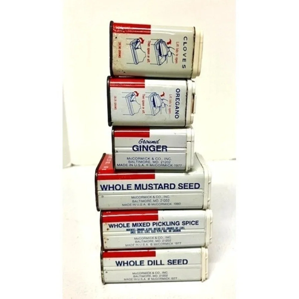 6 VTG McCormick Spice Tins Ginger Cloves Oregano Dill Seed Pickling Mustard Seed
